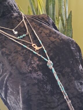 Layered Silver-Tone Necklace with Turquoise Beads - Women Jewelry